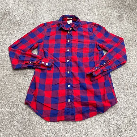 J. Crew Boy Fit Button Down Shirt Womens XXS Blue Red Plaid Long Sleeve Cotton - Picture 1 of 10